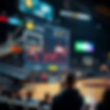 A digital screen showing cryptocurrency trends at a basketball game