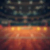 A basketball court overlayed with digital cryptocurrency symbols