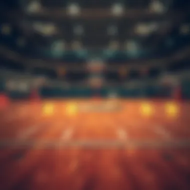 A basketball court overlayed with digital cryptocurrency symbols