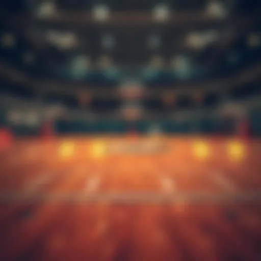 A basketball court overlayed with digital cryptocurrency symbols