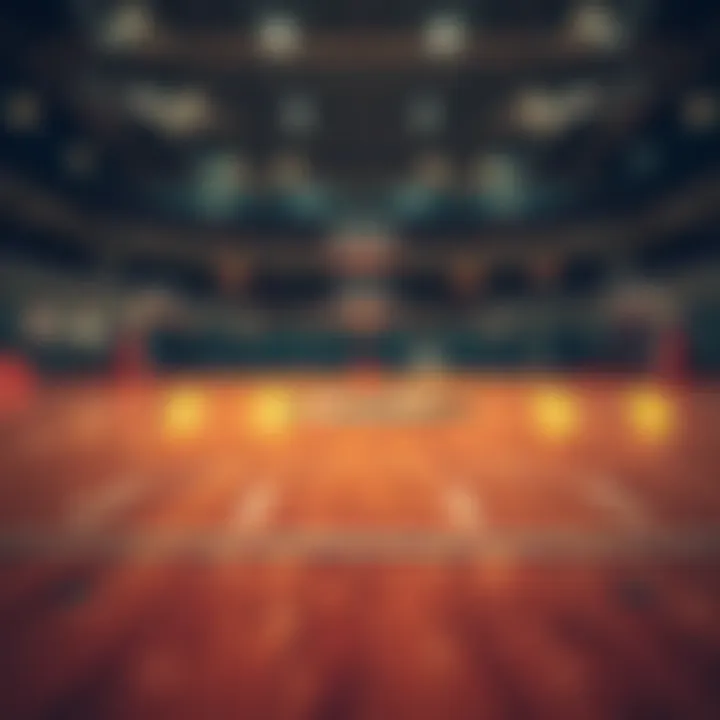 A basketball court overlayed with digital cryptocurrency symbols