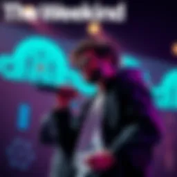 The Weeknd performing on stage with digital art in the background