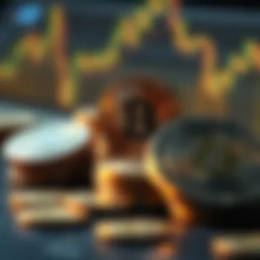 Visual depiction of cryptocurrency coins with a digital background.