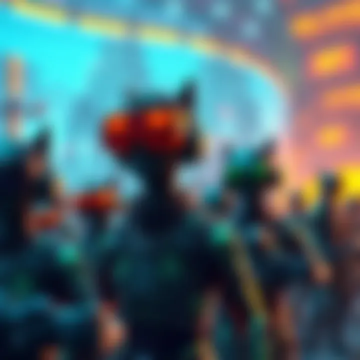 NFTs Revolutionizing Gaming Experiences A futuristic landscape showcasing gaming avatars with NFT characteristics